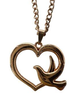 Heart-Shaped Gold-Tone Necklace Dove Pendant 20" Dainty Romantic Rose Gold Tone